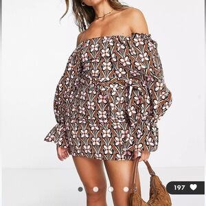 ASOS Luxe, off-shoulder dress in retro print.